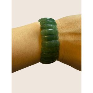 💚 VTG GREEN AVENTURINE STRETCH BRACELET RIBBED PANEL SEGMENTED Y2K CHUNKY